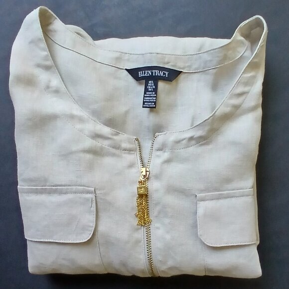 Ellen Tracy Pure Linen Top 3/4 Sleeves Size Large Tan Color - Picture 14 of 16